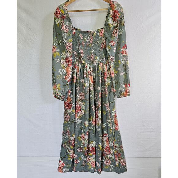 BOG Collective Dress L Green Milkmaid Peasant Floral Cottagecore Smocked Boho - Picture 7 of 15